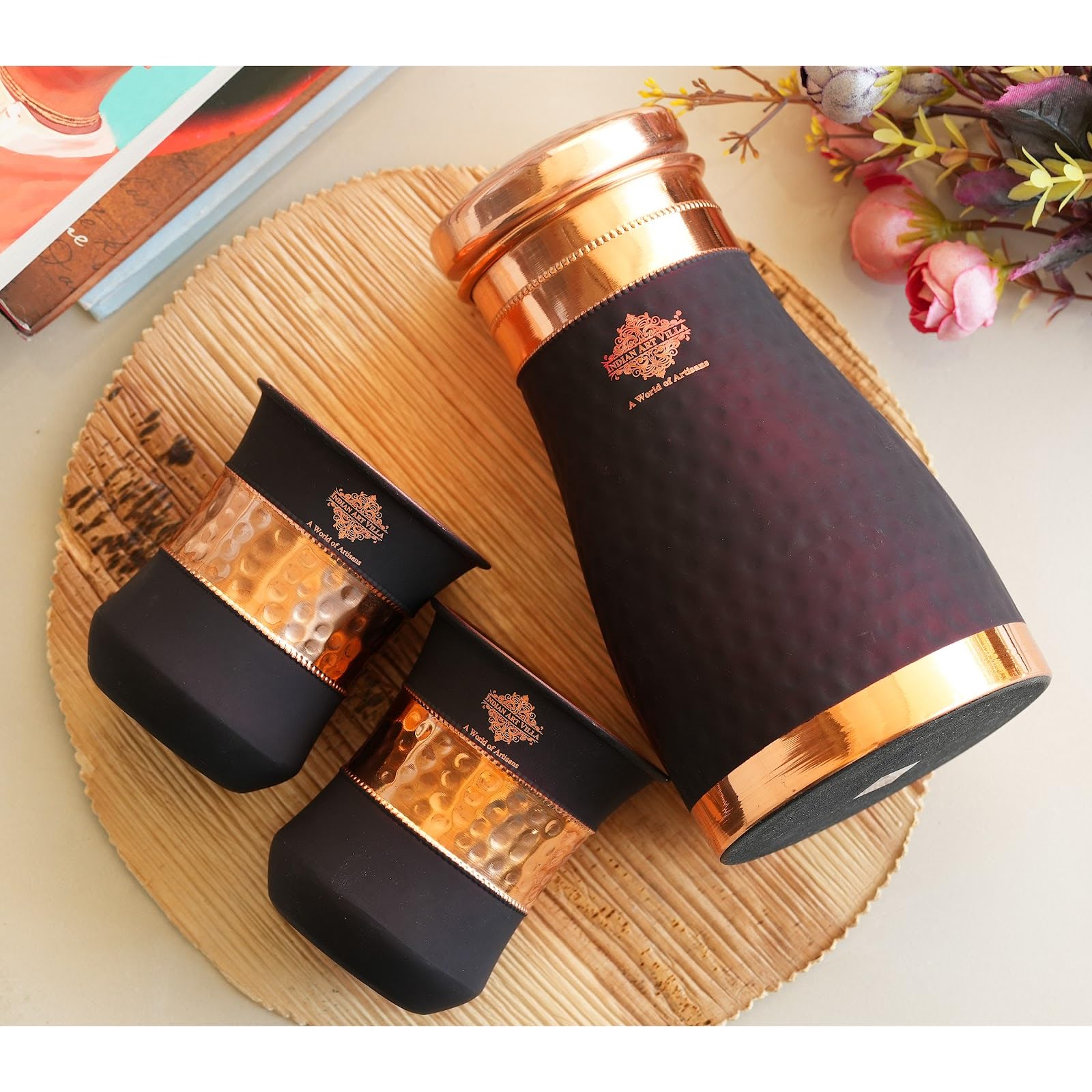 INDIAN ART VILLA Copper Bedroom Bottle & Glass Set - Black Silk Finish, 1100 ml - Elegant Drinkware Gift Set