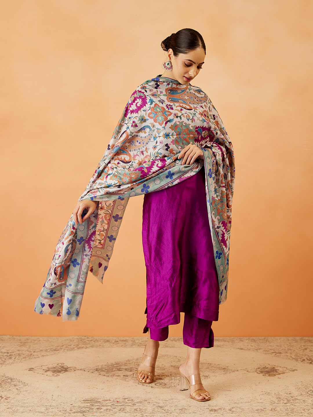 Pashmoda Women Zehra Fine Wool Fabric Pashmina Kalamkari Embroidered Shawl, Stole and Wrap, Sustainable and Natural Fabric, Heritage Kashmiri Pashmina(Size 40x80)
