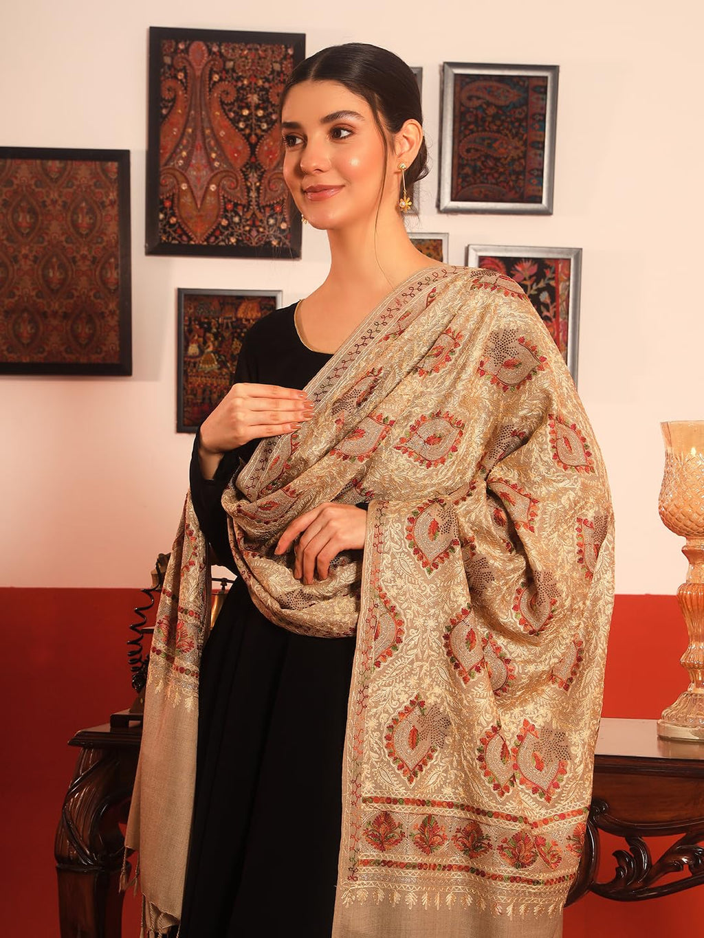 Pashmoda Women Ornate Harmony Fine Wool Nalki Embroidered Stole (Size : 28x80in, 71X203cm) EMST03