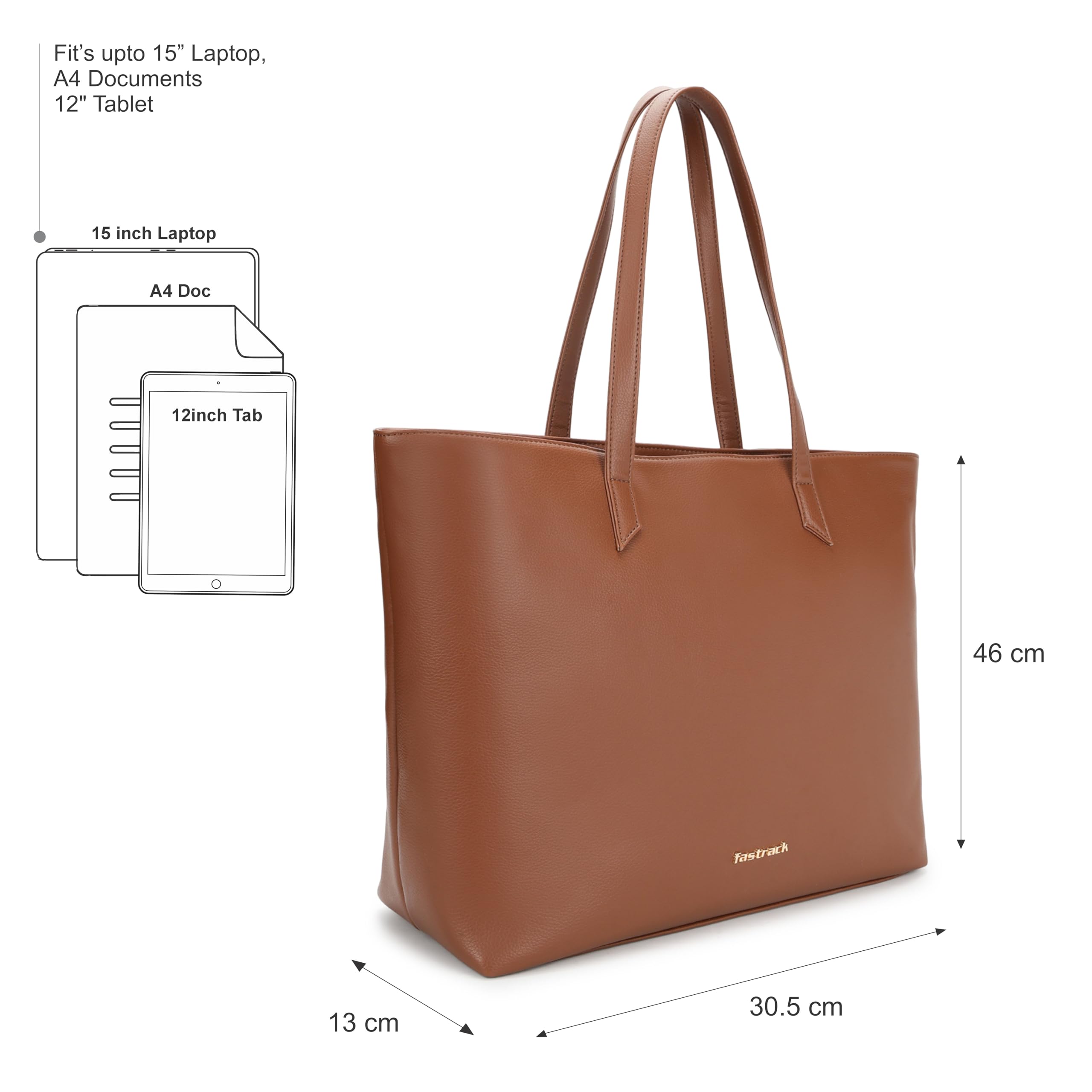 Fastrack Core Tote Laptop Bag For Women | Tan Faux Leather Bag | Fits Upto 15 Laptop | Ladies Handbag with Zipper Closure & Utility Pockets