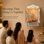 Venlay Wood Premium Wooden Home Mandir with Openable Doors & Storage Drawer - Walnut Brown Finish Pooja Ghar Featuring Silver Radhe-Radhe & Om Accents - Compact Wall Hanging & Desktop Temple (White)