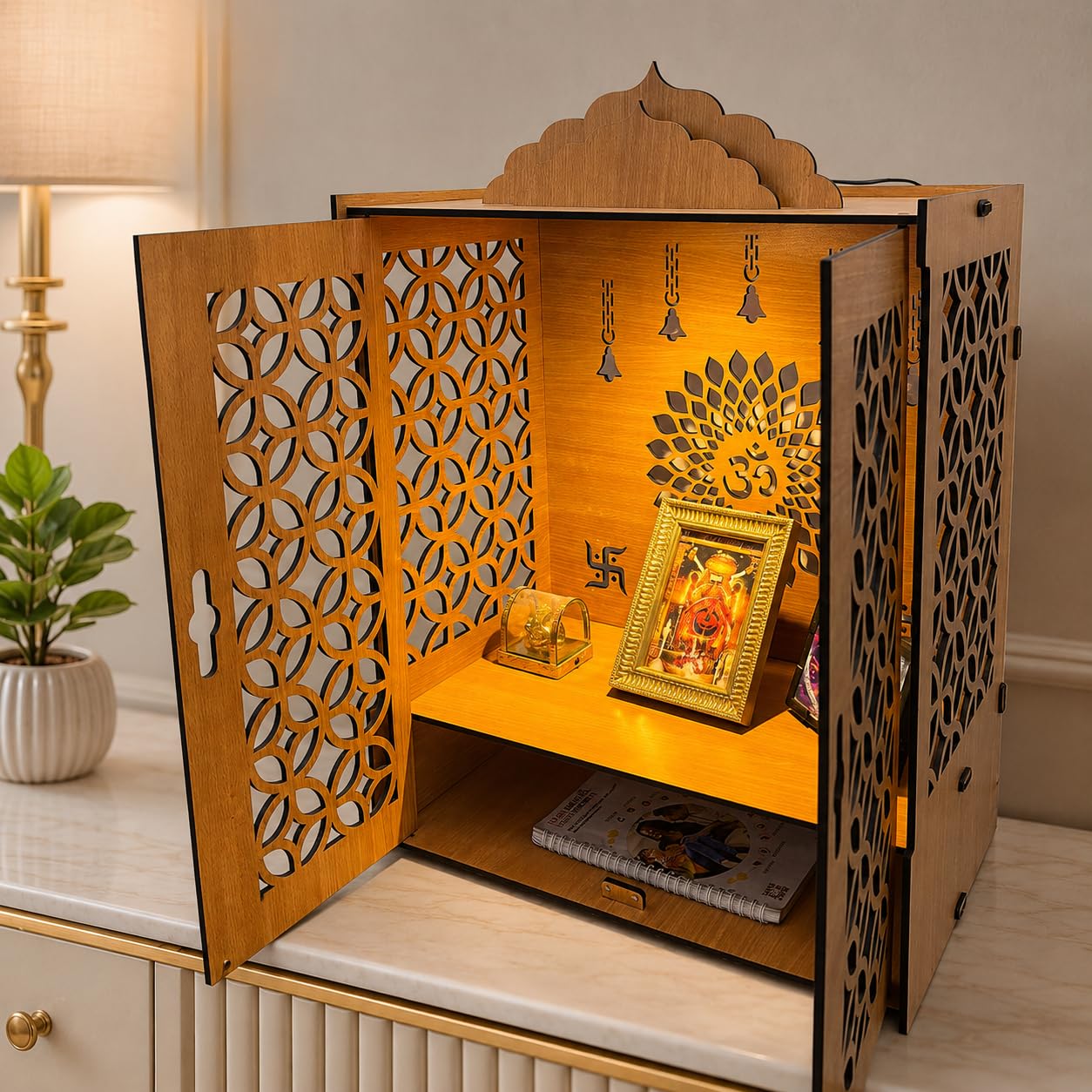 Zesta Wooden Mandir for Home Big Size | DIY Pooja Mandir with LED Spot Light | Devghar Cabinet for Living Room or Office | Wall Mounted Pooja Unit for Home (Big Mandir with Door)