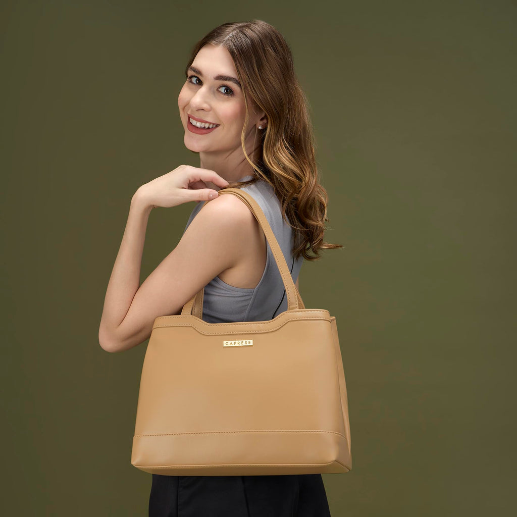 Caprese Kai Large Tote Bag for Women | Solid Faux Leather Shoulder Handbag with Zipper Closure | Fits Up to 15 Inch Laptop | Spacious Stylish Work, Travel, College & Everyday Purse (Ocher)