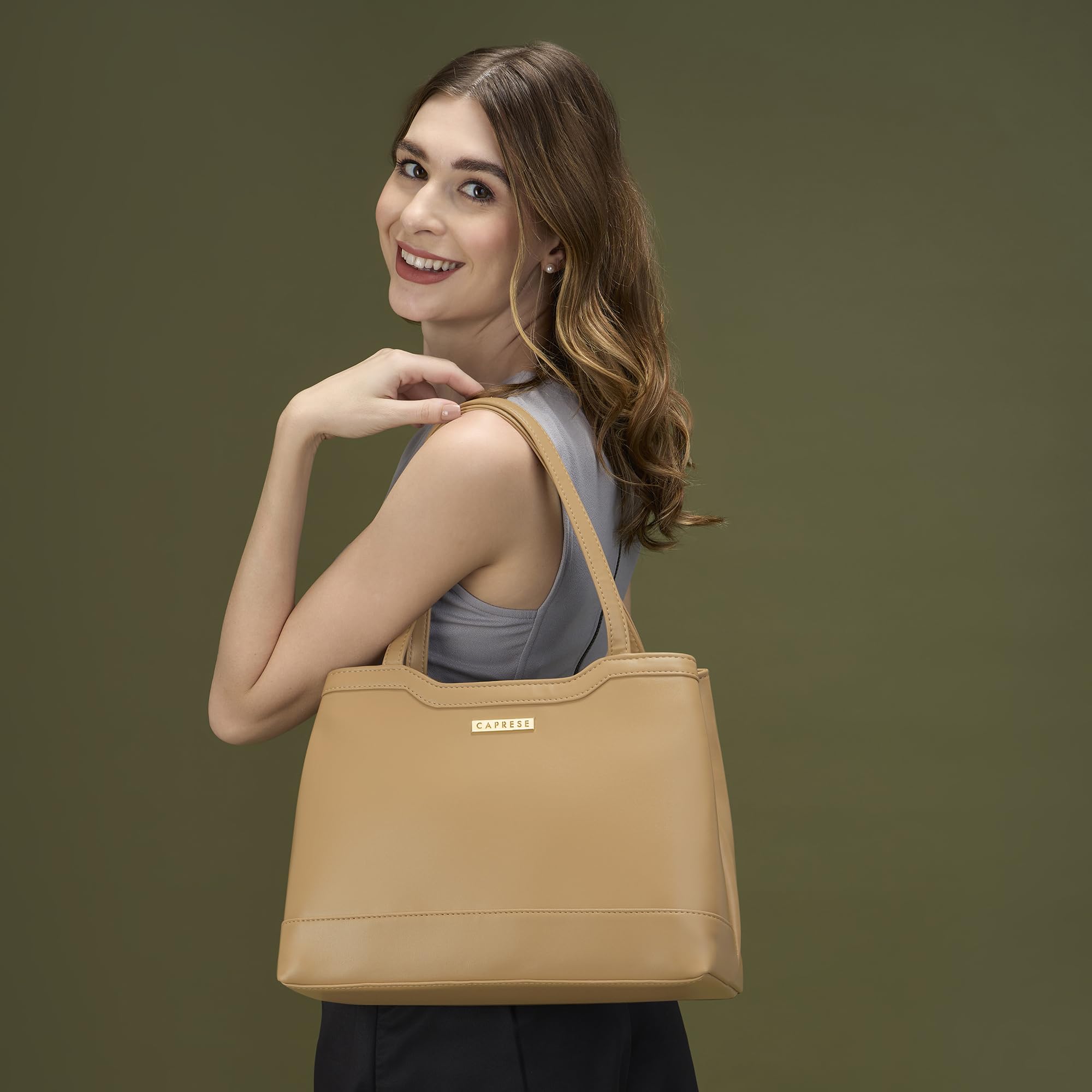 Caprese Kai Large Tote Bag for Women | Solid Faux Leather Shoulder Handbag with Zipper Closure | Fits Up to 15 Inch Laptop | Spacious Stylish Work, Travel, College & Everyday Purse (Ocher)