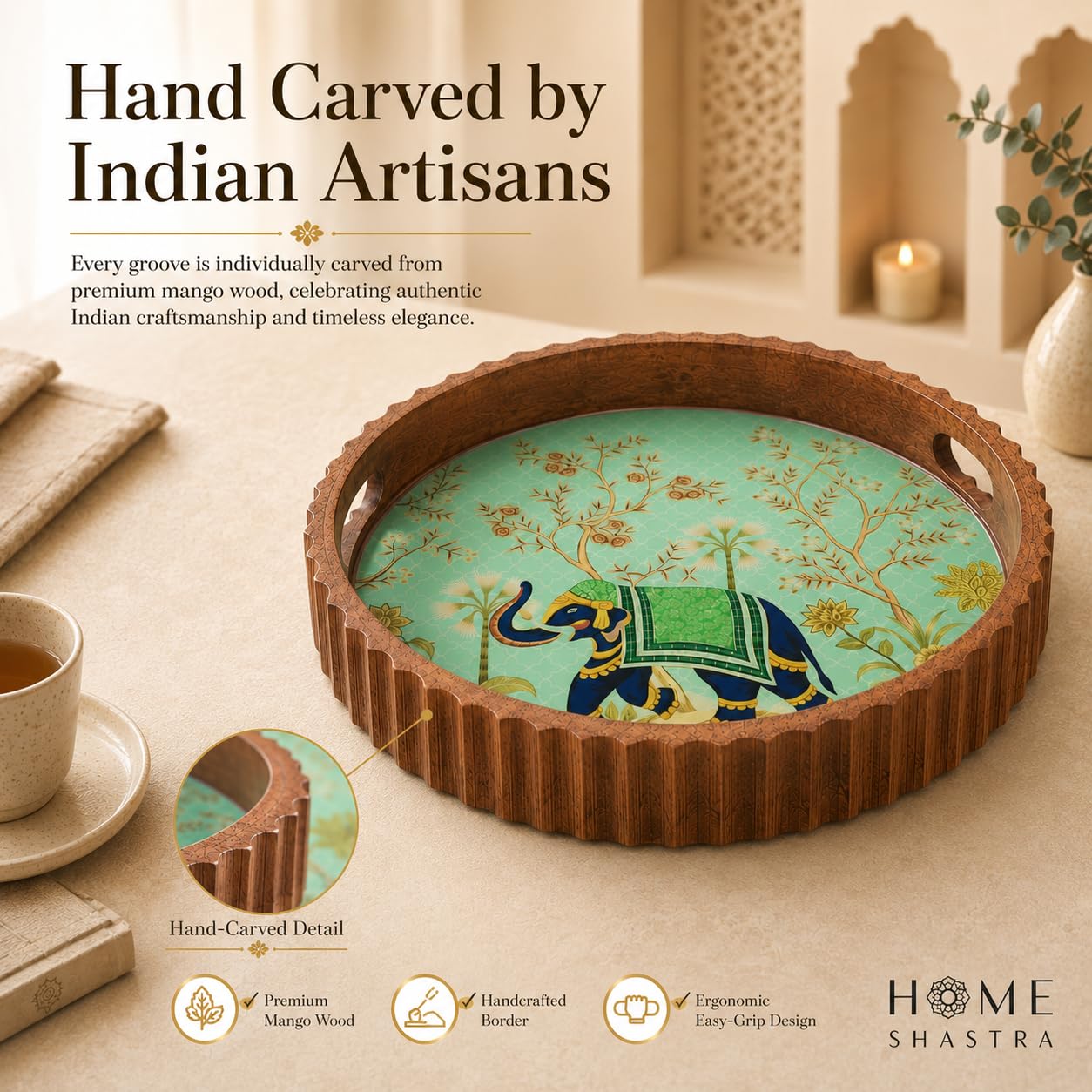 HomeShastra Round Wooden Serving Tray | 12 Inch Hand-Carved Mango Wood Tray with Elephant Heritage Print | Tea & Coffee Serving Tray with Handles | Decorative Home Décor