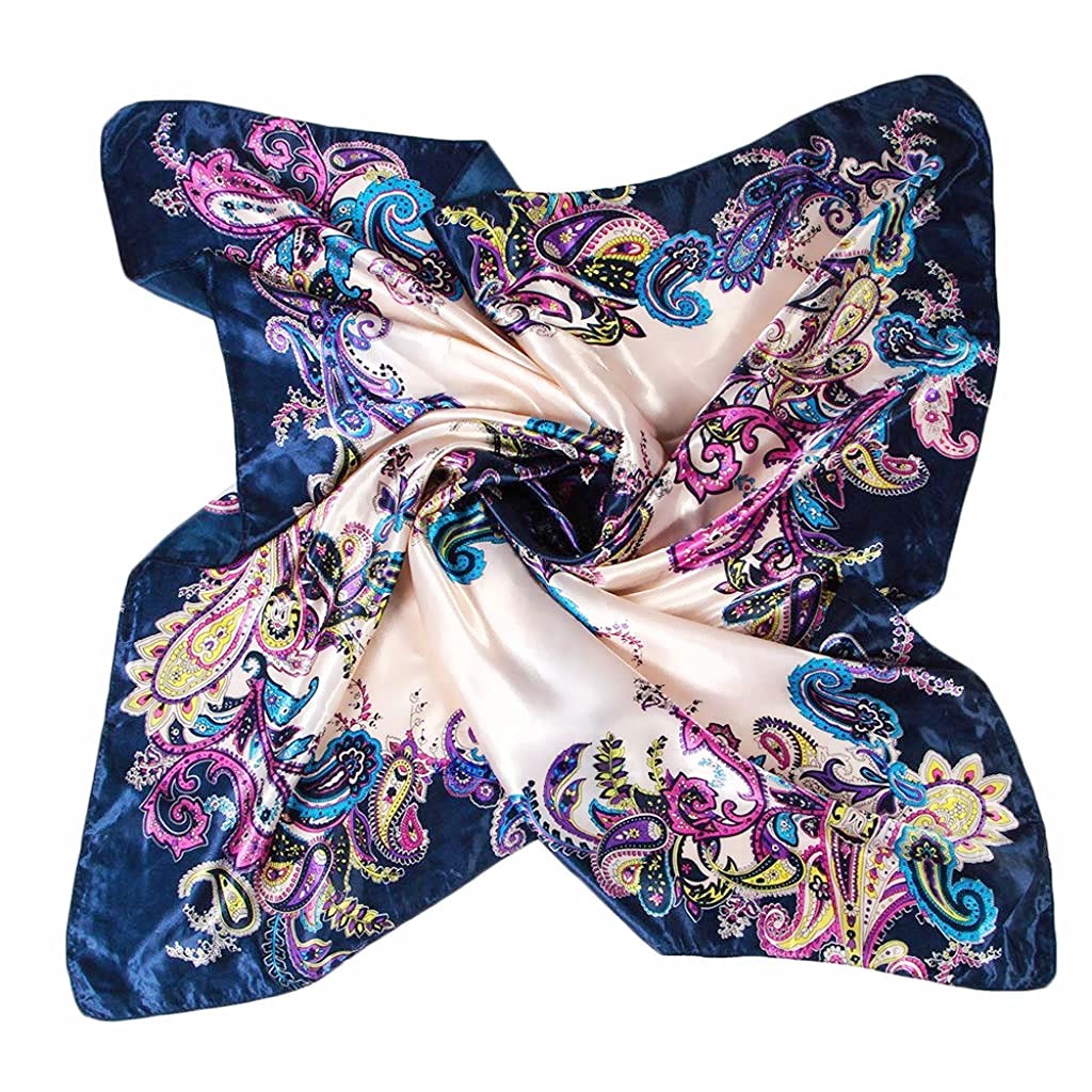 PALAY Silk Feel Scarf for Women Stylish Floral Large Square Royal Blue