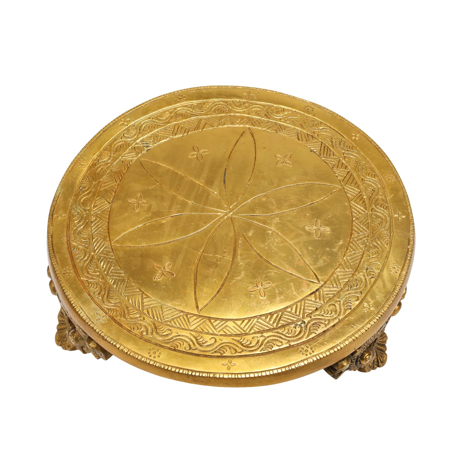 ARTVARKO Big Brass Desiner Round Table Chowki for God Idols Diya Temple Decor Puja Gift 8 Inch