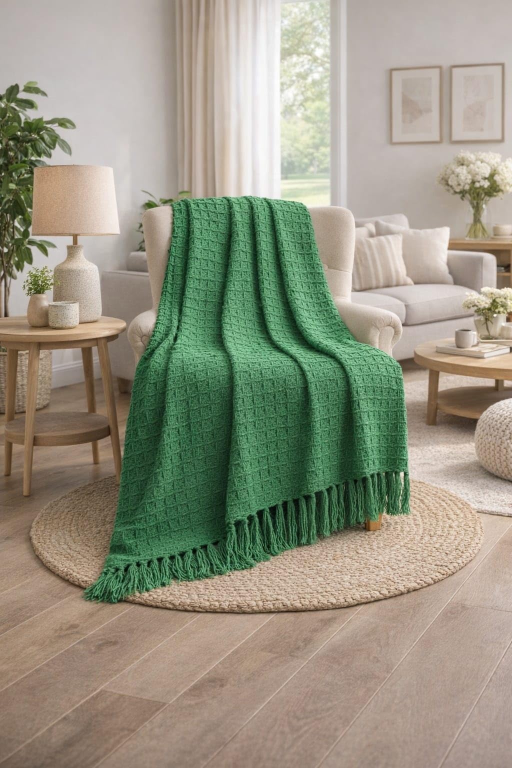 Tarantaran Waffle Weave Cotton Throw Blanket – Lightweight, Breathable & Cozy for Sofa or Bed (100% Cotton)(50X60 Inches) (Bottle Green) Kafalo