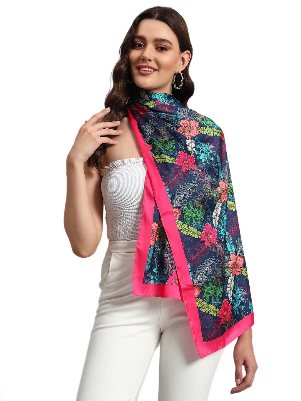 Ravaiyaa - Attitude is everything Women Lightweight Printed 100% Satin Silk Scarf Stoles Breathable Neckerchief Head Beach Wrap Scarves (Blue Pink Floral, 70 x 20 Inch)