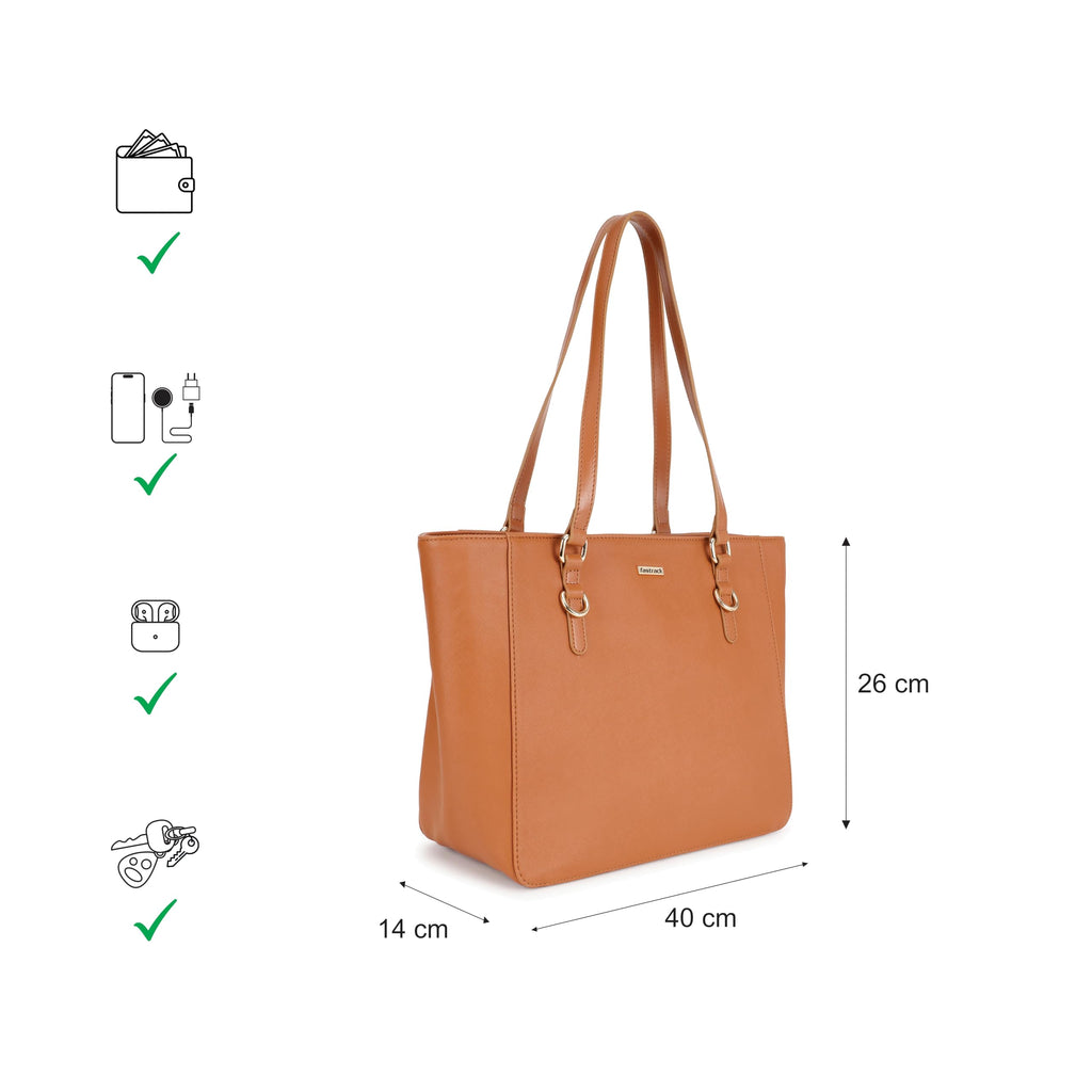 Fastrack CityStride tan Tote | Faux-Leather Women’s Handbag | Saffiano-Textured Tote for 14-Inch Laptop with Dual Compartments