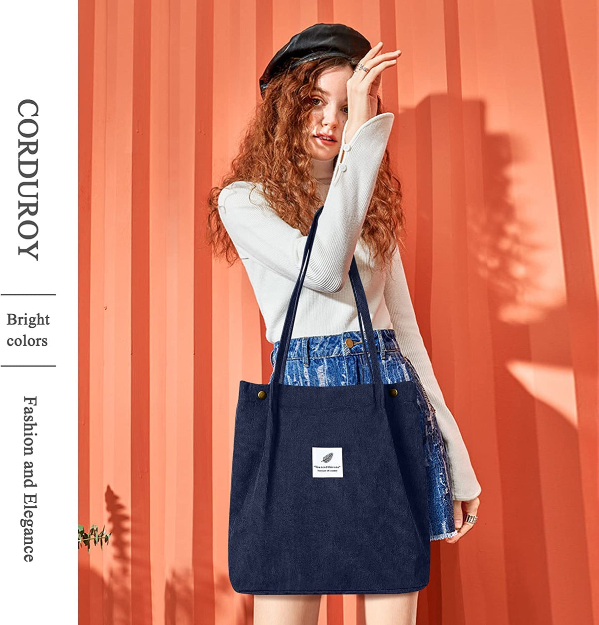 Street27 Korean Canvas Corduroy Tote Bag Casual Work Shoulder Handbags, Multi-Purpose Bag, Sturdy Canvas Bag With Large Capacity, Shopping Bag For Office, College & Daily Use (Navy Blue, Womens)