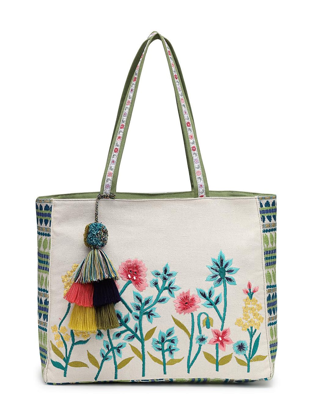 Anekaant Kooky Floral Embroidered Tote Bag for Women| Large Off White Jacquard Shoulder Bag | Perfect for College, Office & Everyday Use