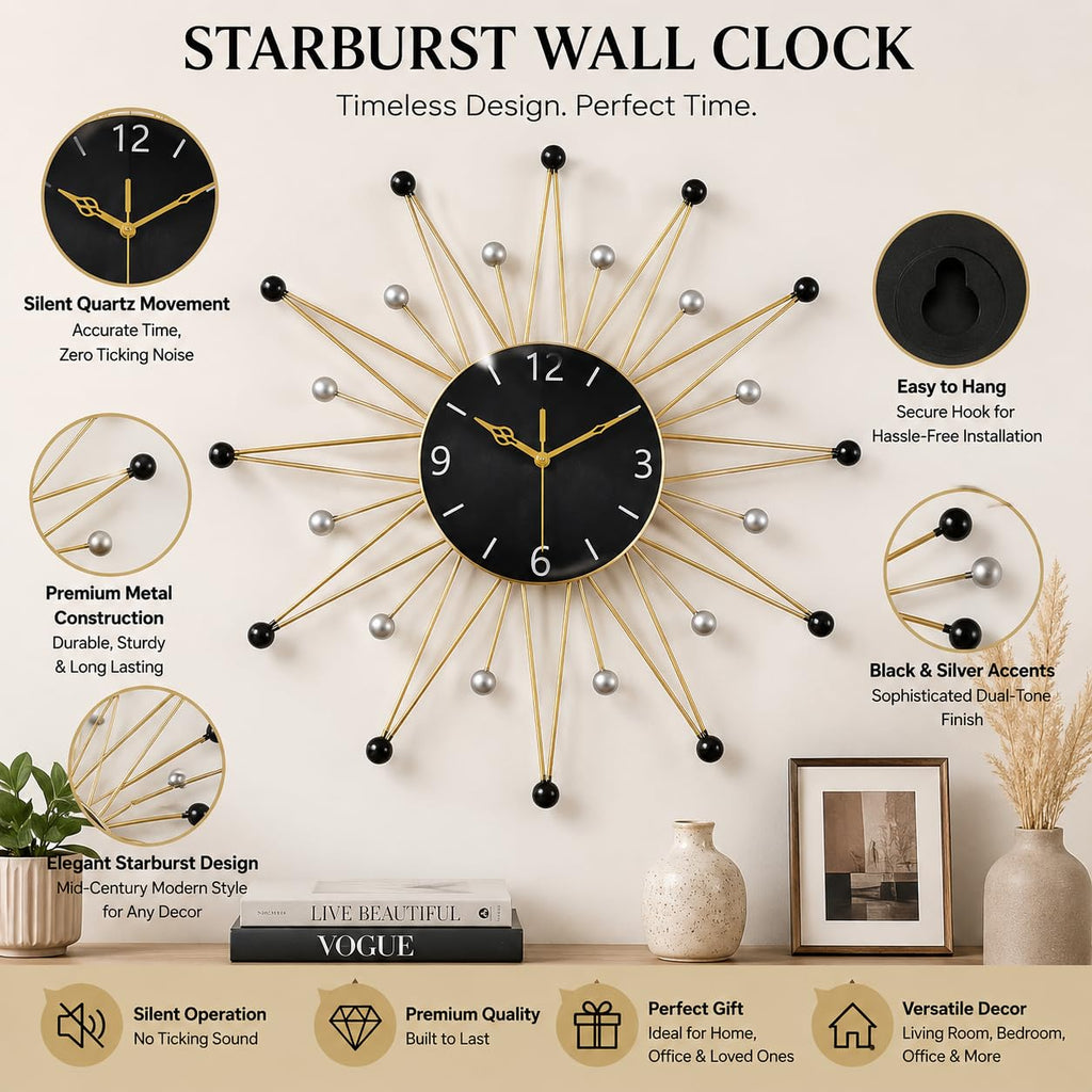 Mahira Artefacts Starburst Wall Clock, Metal, Silent, Art Deco Style, Sunburst Shape, Black & Gold, Large, Battery Powered