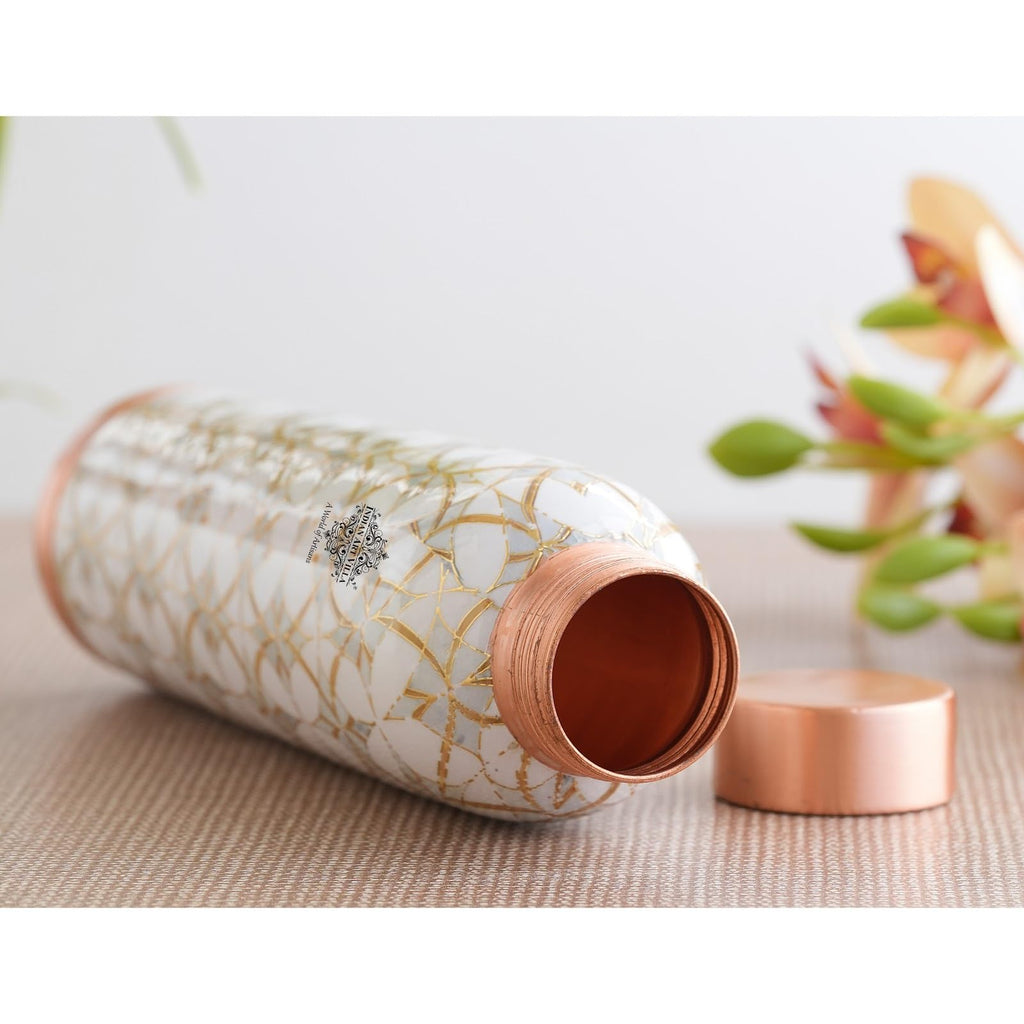 INDIAN ART VILLA Copper Gold Block Print Copper Bottle, Copper Drinkware, Volume- 900 ML (Pack of 1)