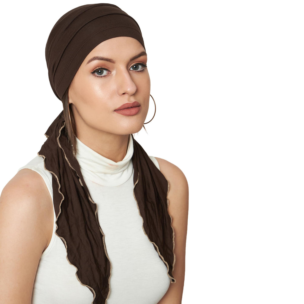 The Headscarves Women Bamboo Pre Tie Ultra Soft Slip on Scarf Headwear For Chemo Patient Free Size (HS107Brown)
