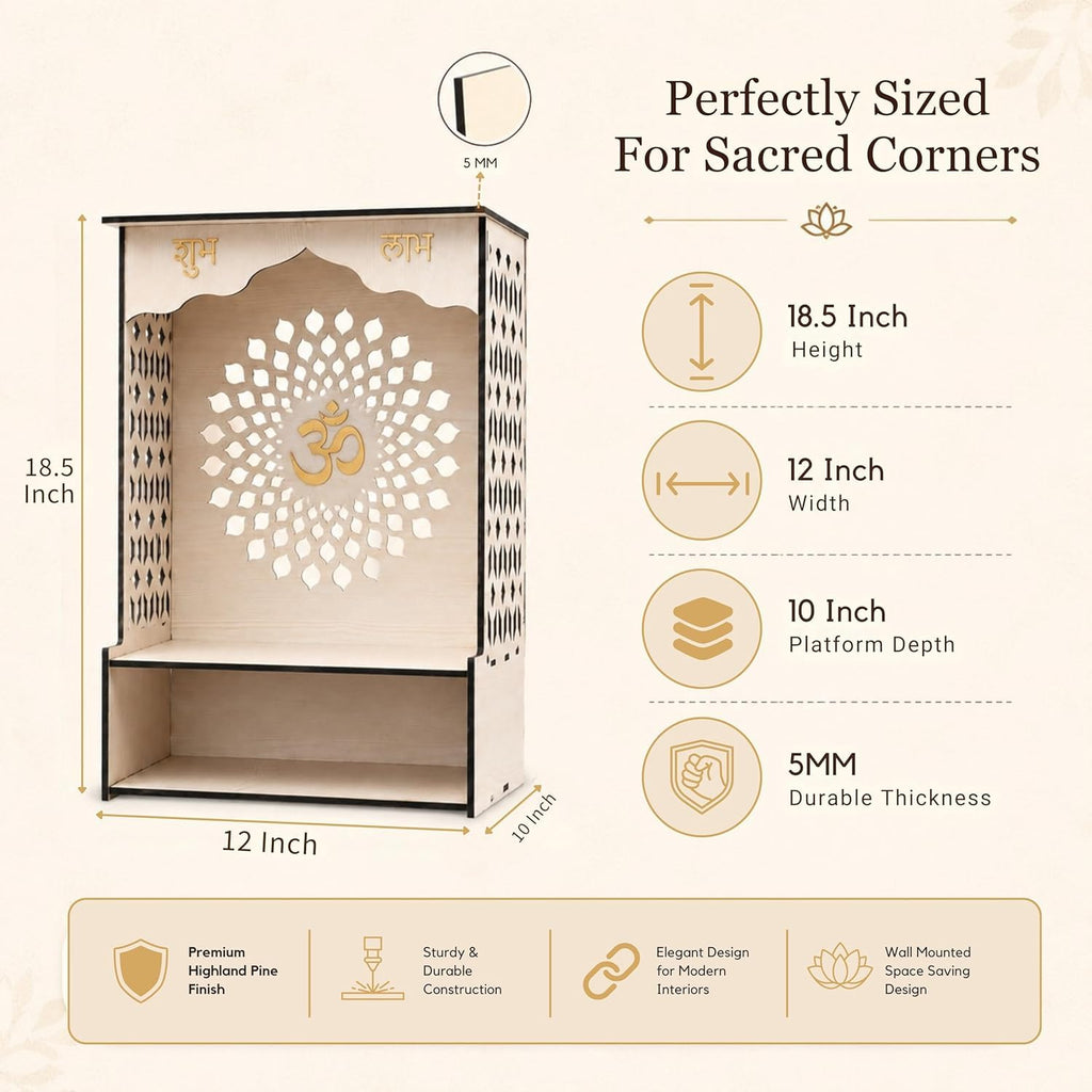 Venlay Wood Wooden Home Mandir with Jali Work - White Oak Finish Pooja Ghar Featuring Gold Om, Shubh & Labh Accents - Compact Wall Hanging & Desktop Altar with Storage Shelf for Home & Office (White)