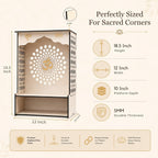 Venlay Wood Wooden Home Mandir with Jali Work - White Oak Finish Pooja Ghar Featuring Gold Om, Shubh & Labh Accents - Compact Wall Hanging & Desktop Altar with Storage Shelf for Home & Office (White)
