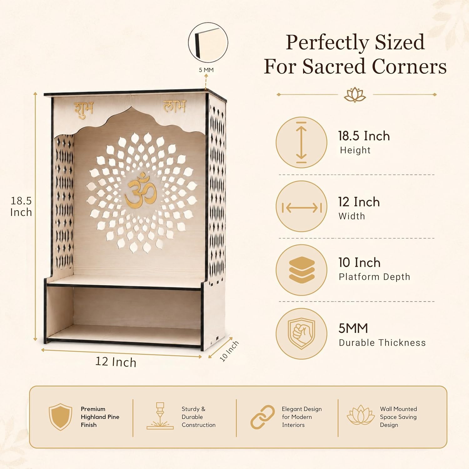 Venlay Wood Wooden Home Mandir with Jali Work - White Oak Finish Pooja Ghar Featuring Gold Om, Shubh & Labh Accents - Compact Wall Hanging & Desktop Altar with Storage Shelf for Home & Office (White)