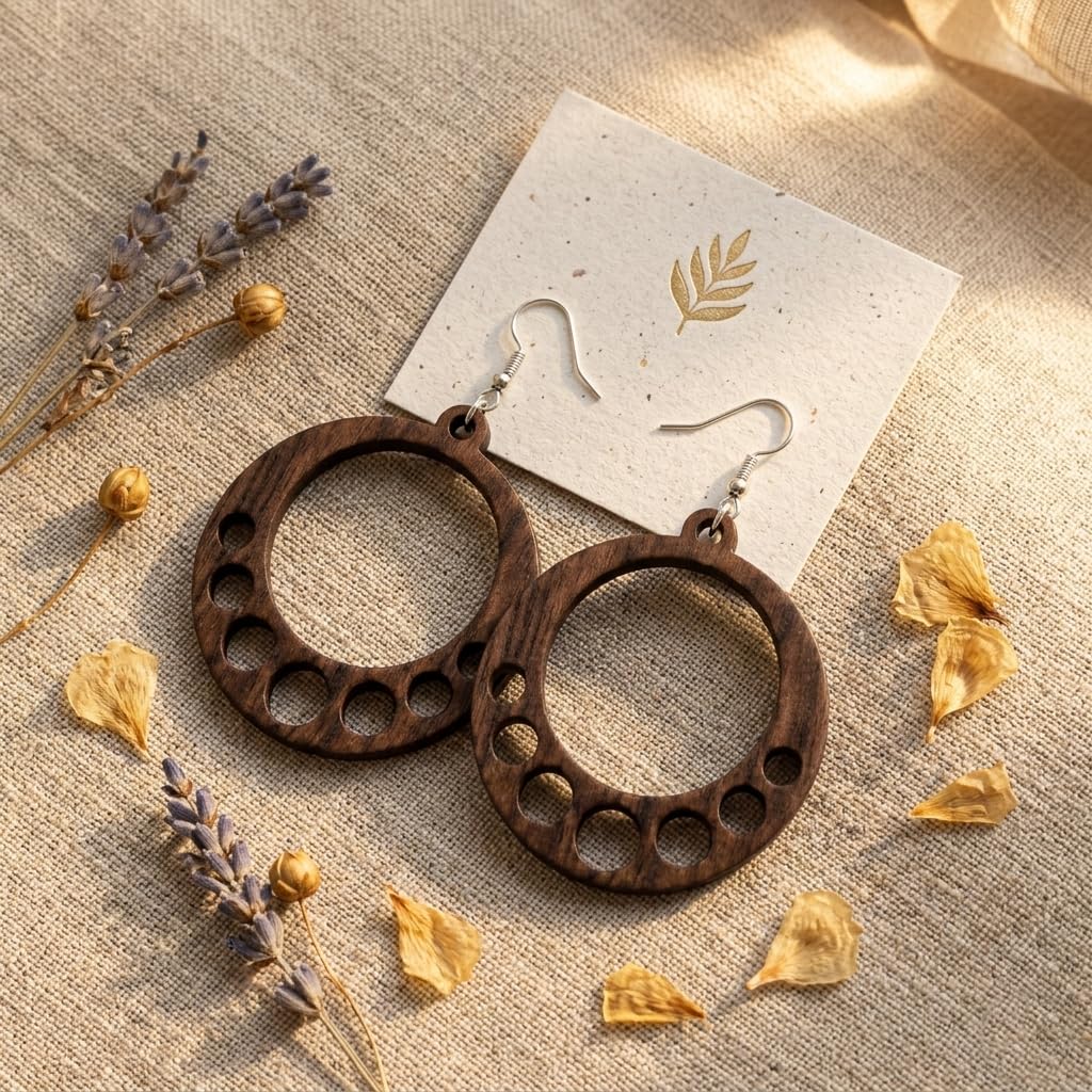 Taranam Handcrafted Wood Circle Hoop Earrings for Women – Laser Cut Cutout Boho Dangle Drop | Lightweight Natural | Bohemian Ethnic Geometric Handmade Jewelry Gift Her