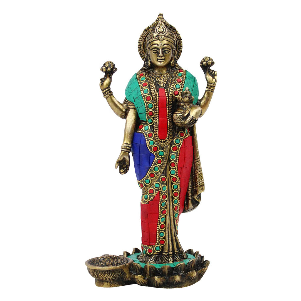 ARTVARKO Goddess Maa Laxmi Idol Lakshmi Brass Multicolor Gemstone Handwork Statue Luxmi Murt Standing on Lotus Height 10 Inches