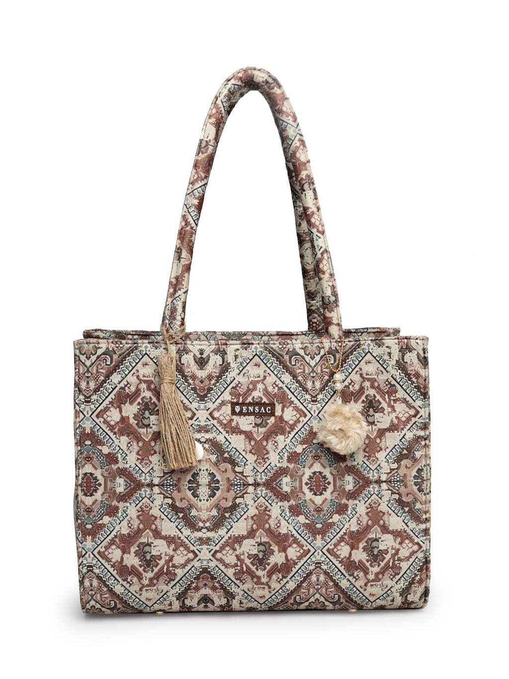 ENSAC Ethnic Print Tote Bag With Zip For Women & Girls | Lightweight Canvas Shoulder Bag, Stylish Designer Handbag, Ethnic Design, Perfect for Office, College & Shopping Use