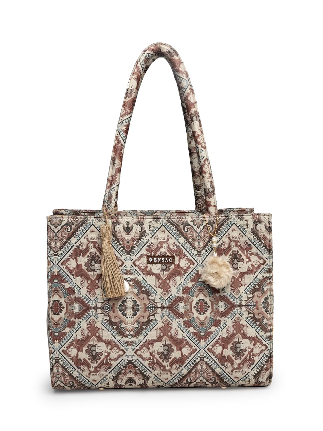 ENSAC Ethnic Print Tote Bag With Zip For Women & Girls | Lightweight Canvas Shoulder Bag, Stylish Designer Handbag, Ethnic Design, Perfect for Office, College & Shopping Use