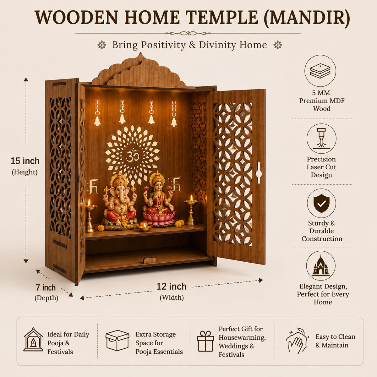 FA6 Wooden Home Temple Mandir for Pooja Room 3 MM Premium MDF Laser Cut Pooja Mandir with Doors & Storage Shelf Compact Tabletop Home Temple 15 x 12 x 7 Inch