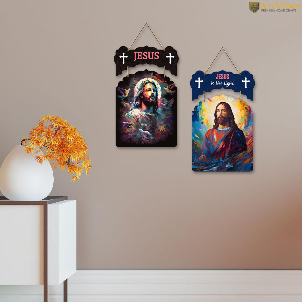 Artvibes Jesus Christ Designer Wooden Wall Hanging Decoration Items for Home Decor | Spiritual Decor Items | Religious Wall Art | Wall Poster | Modern Decor Items | Unique Gift (WH_9203N), Set of 2