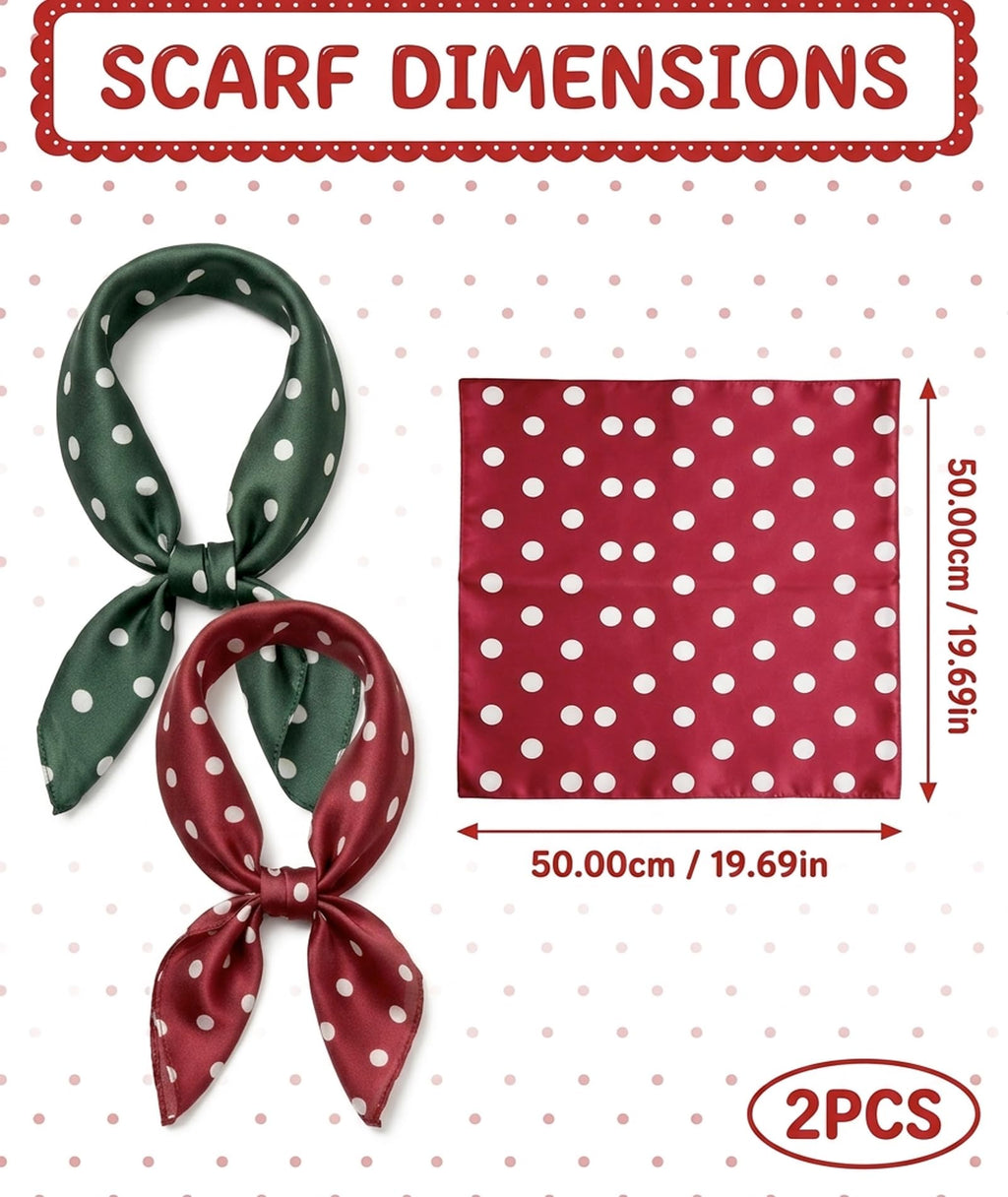 NHCDFA 2 PCS Satin Scarf for Women Stylish, Neck Scarf for Women, Head Scarf for Women,Polka Dot Design Fashion Accessory, Set Green and Red, Versatile Wear for Outfits