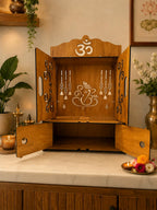 EXPRO Wooden Pooja Mandir for Home with Door | Engineered Wood Home Temple with Storage Space | Wall Mounted Temple for Office & Living Room | DIY Mandap with OM & Ganeshji Design (Brown | Design 1)