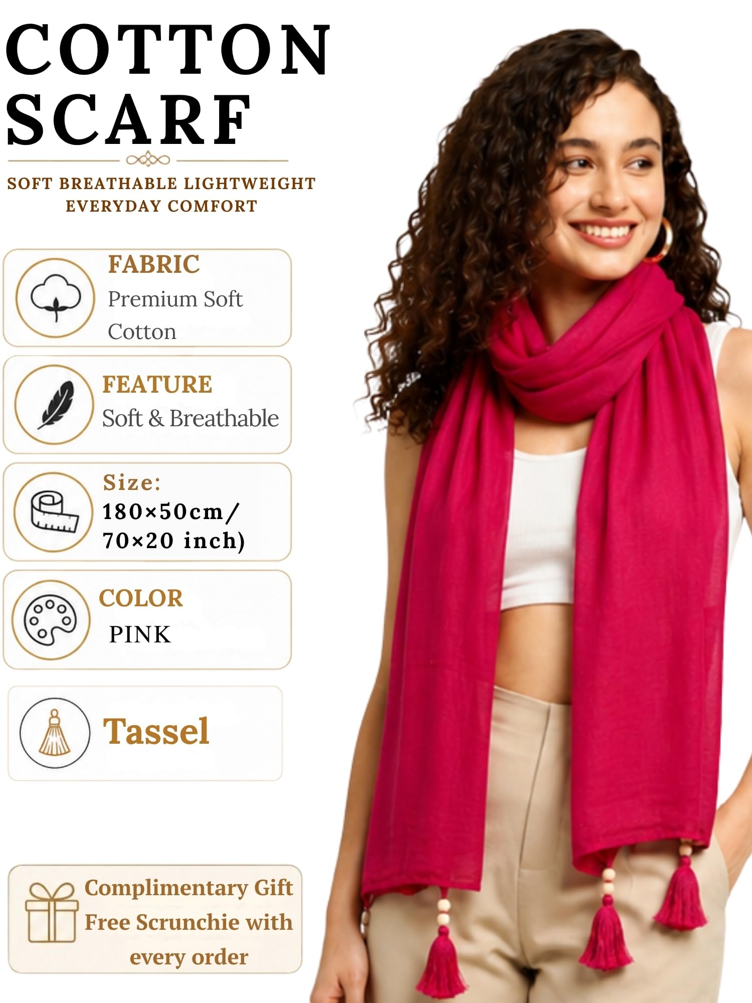 GALE GIRLS Cotton Mulmul Scarf|Scarf for Women|Mulmul Stole|Soft Beach Wrap|Tassel Design|Easily fits 180 * 50cm|Pink