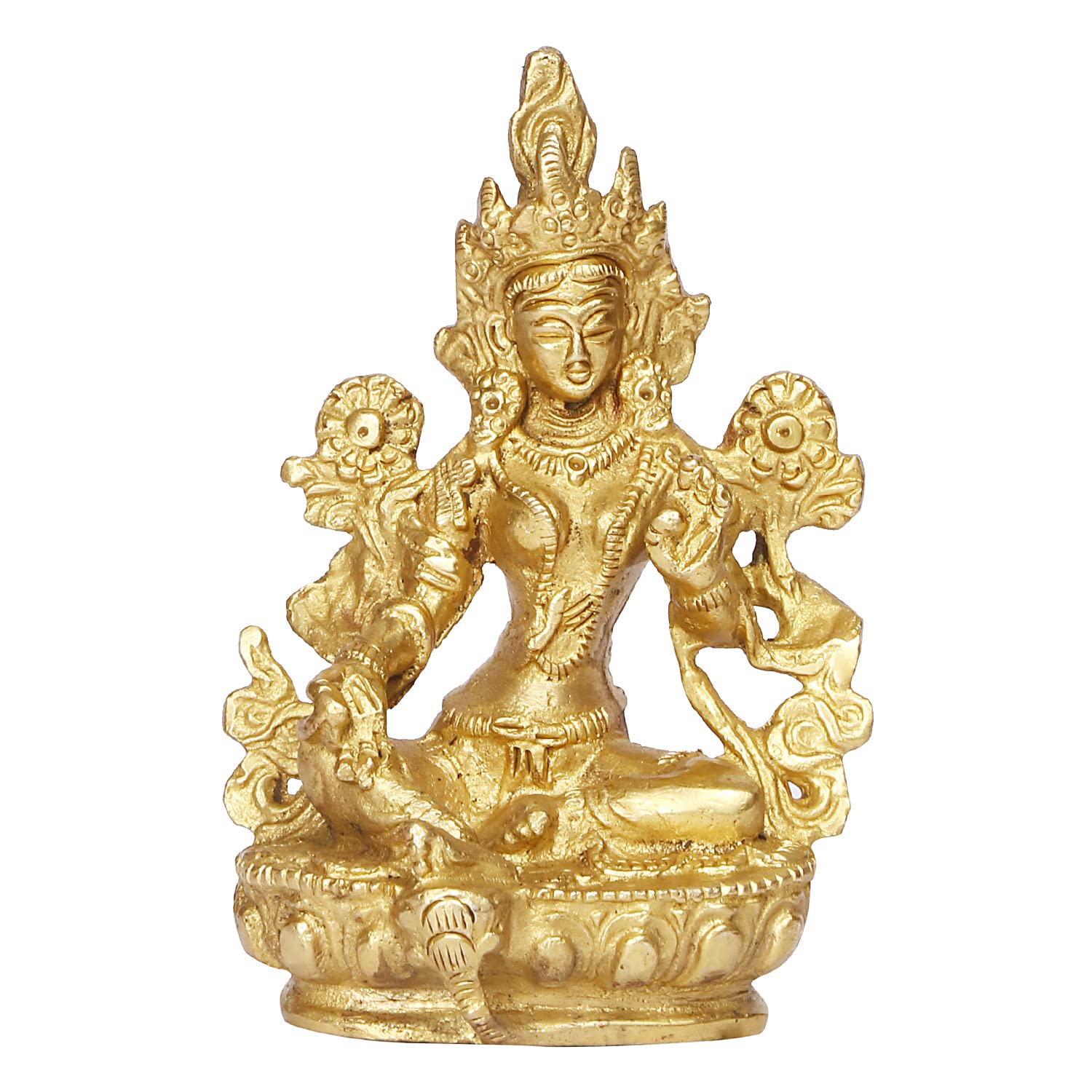 ARTVARKO Brass Goddess Tara Devi Sitting Idol Tibetan Buddhist Goddess Green Tara Decorative Sculpture - 3.5 Inches