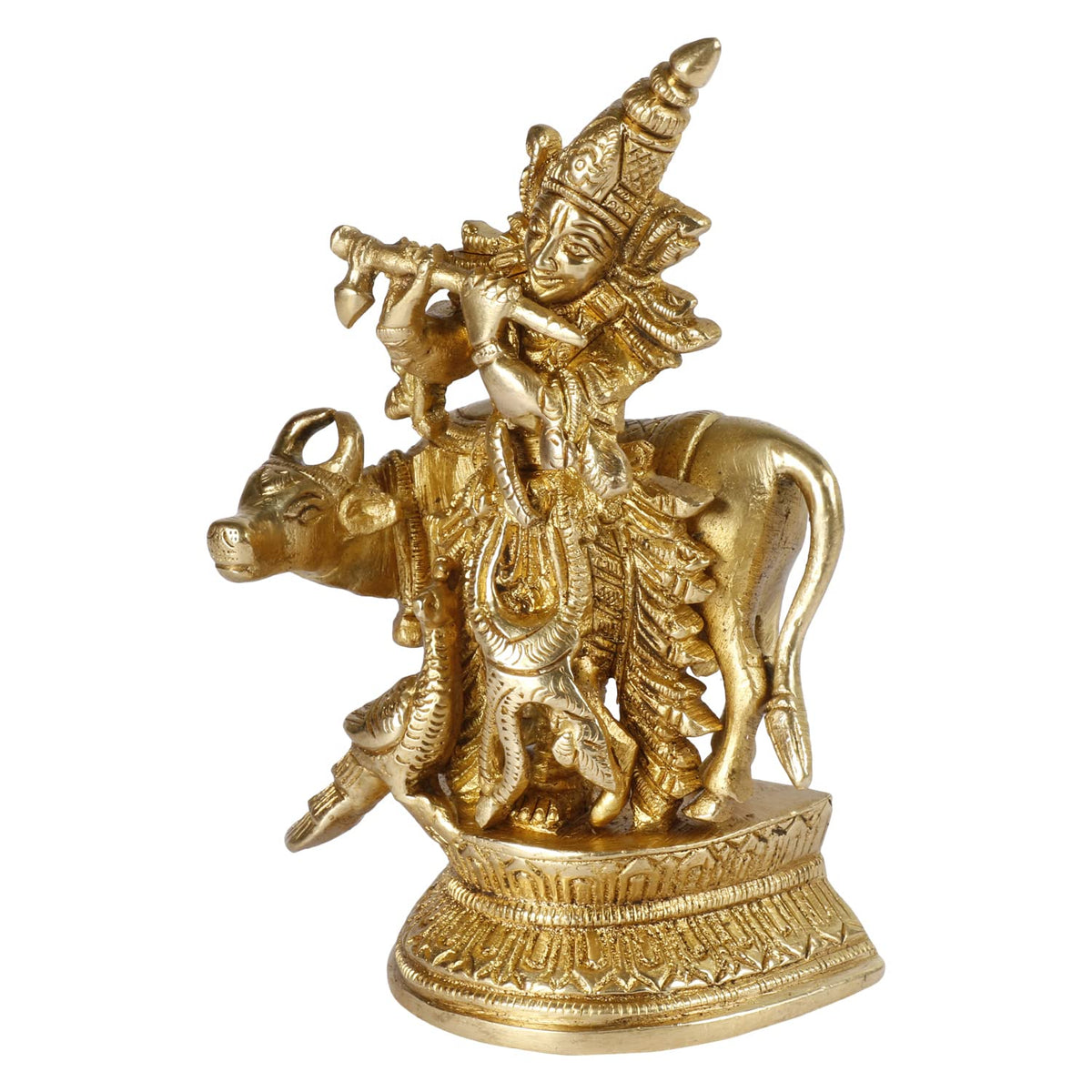 SVARUP Brass Krishna Bhagwan Idol with Gau MATA in Gold Color Height 5 Inch