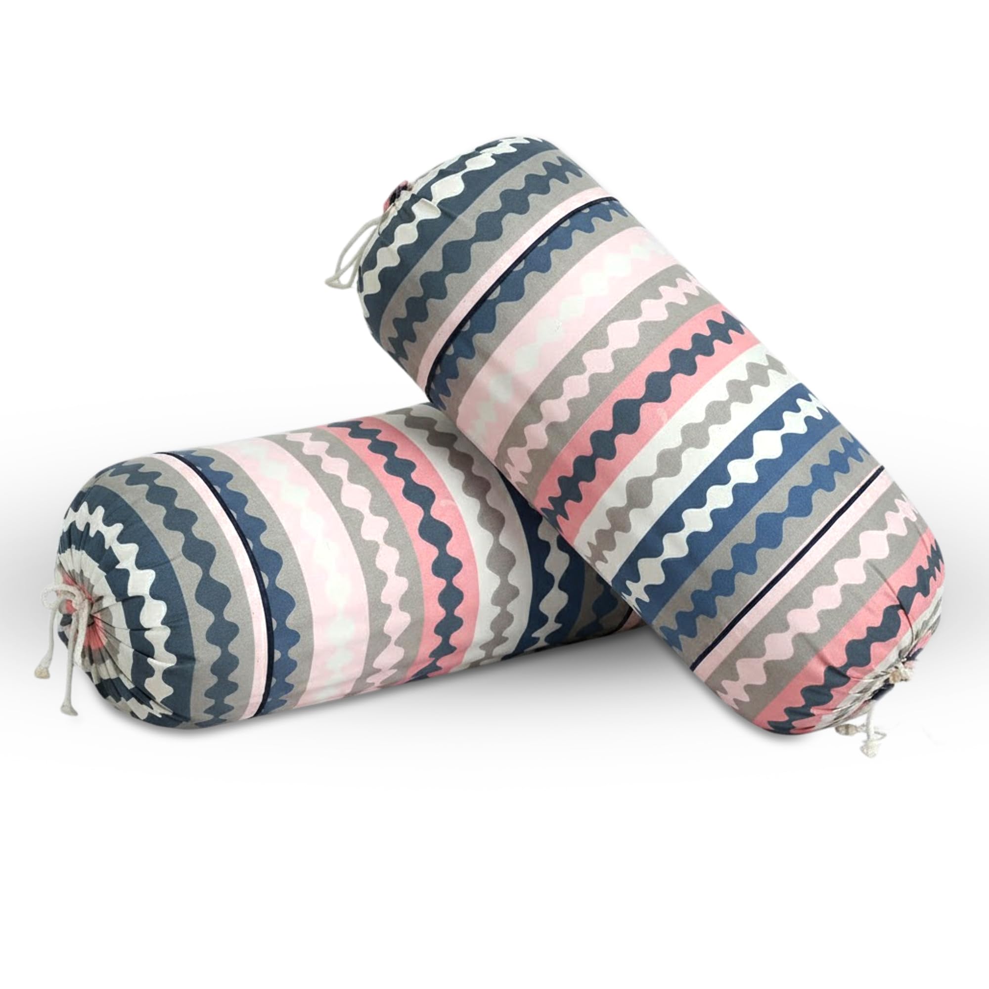 GLUN® Pack of 2 Zig Zag Multicolour Round Striped Bolster Pillow Covers, Size 16 inch x 30 inch (40 x 75 cm, Cream) Printed Polyester Silk Fabric for Living Room or Bedroom, Stylish & Modern Covers