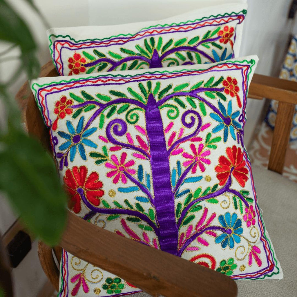Tree of Life Aari Embroidered Cushion Covers - Set of 2 | Traditional Aari Embroidery | Threadwork Throw Pillow Covers with Zip Closure | Perfect for Sofa, Bed | 16x16 Inch (Multicolor)