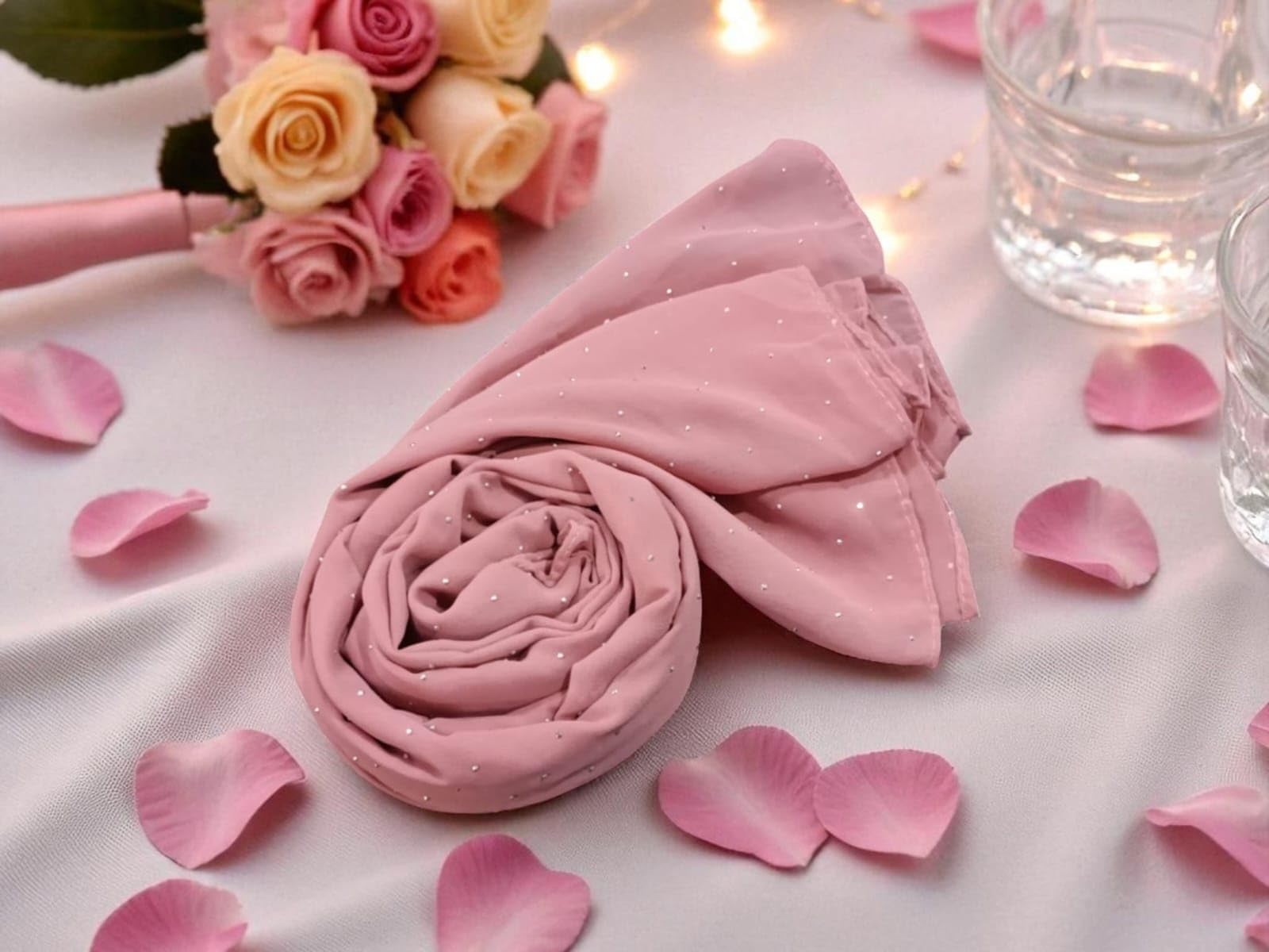 Premium Rhinestone Hijab | Korean Georgette | 70 x 30 Inch | Sparkle Scarf for Women | Soft & Lightweight Fabric (ROSE PINK)