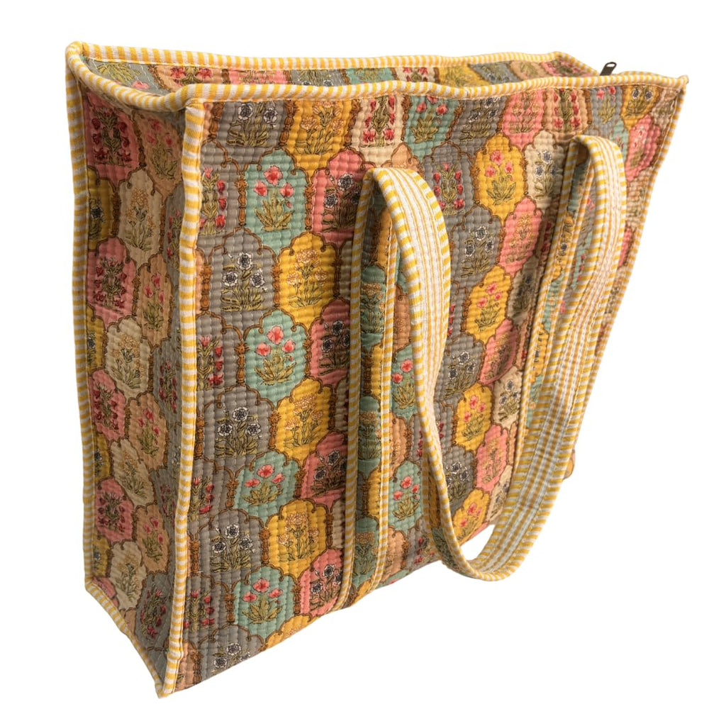 Bazaar Bhoot Edition Premium Cotton Quilted Shopping Tote Bag - Multipurpose Long Lasting Foldable Reusable Bag with zipper for Shopping, Travel & Daily Use (Classic Yellow (250 GSM Cotton))