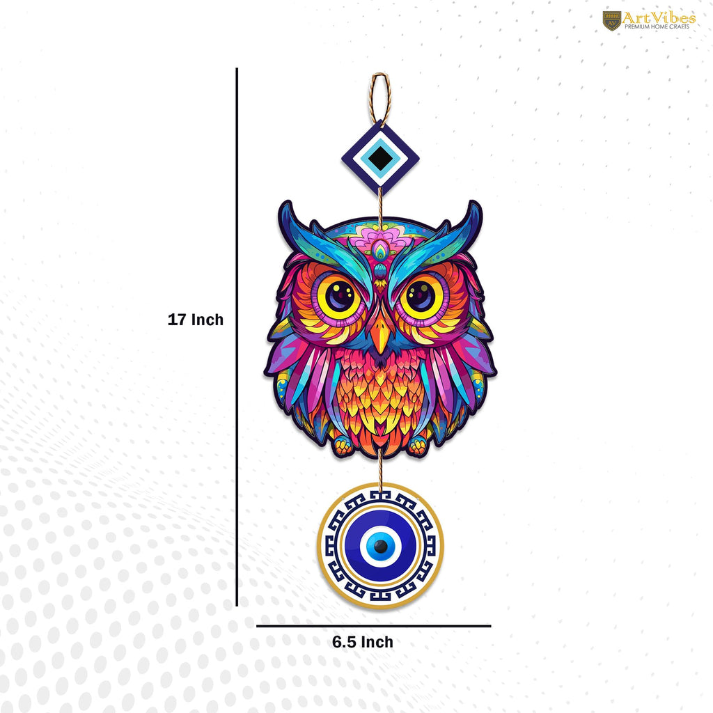 Artvibes Owl and Evil Eye MDF Wood Wall Hanger Ornaments For Vastu For Home Decoration | Livingroom | Spiritual Decor Items | Wall Illustrations | Ethnic Wall Decor | Wall Art Print (WH_8507N)
