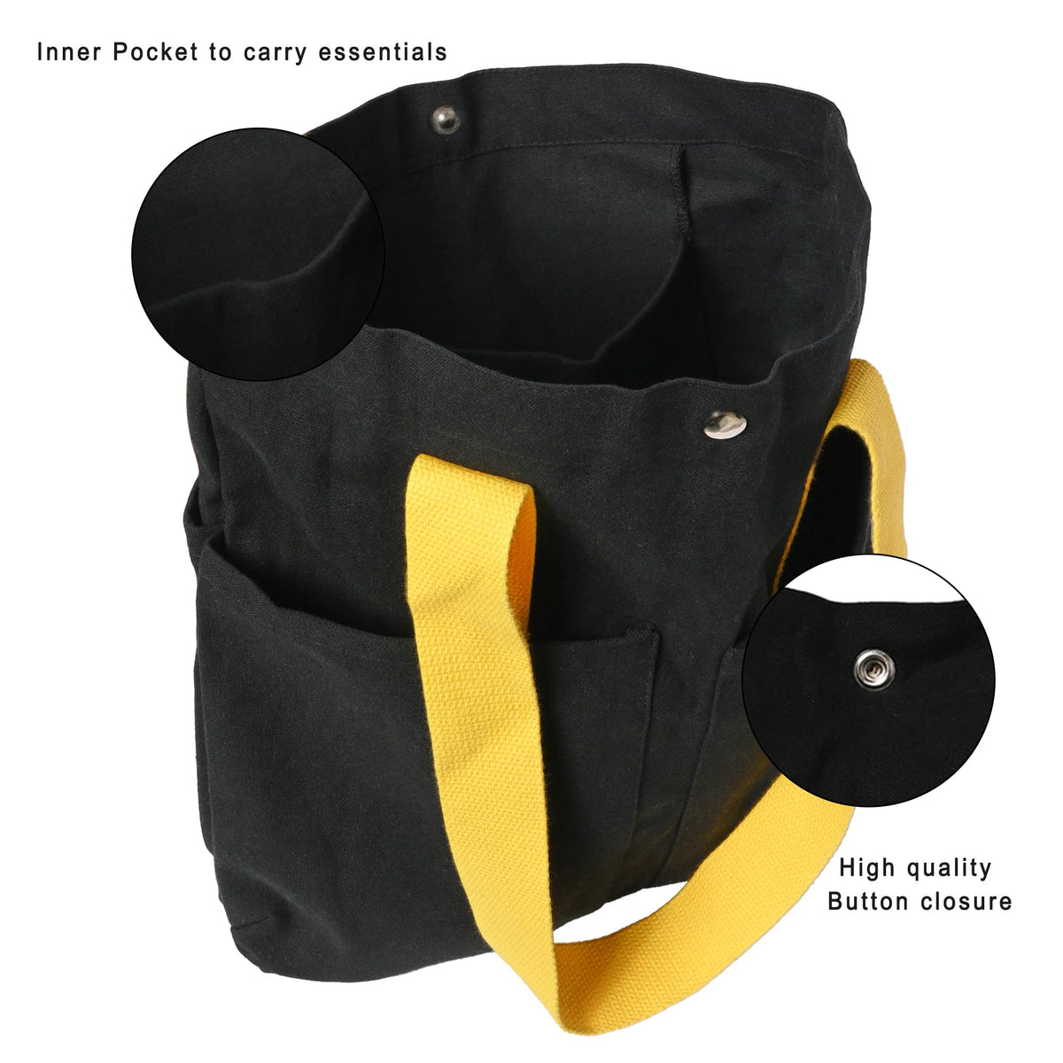 NECAVU Canvas Tote Bag for Women | Aesthetic Canvas College Bag for Girls with Inner & Outer Pockets | Cotton Utility Women Handbags for Shopping, Travel & Daily Use | (Black, Yellow Handle)