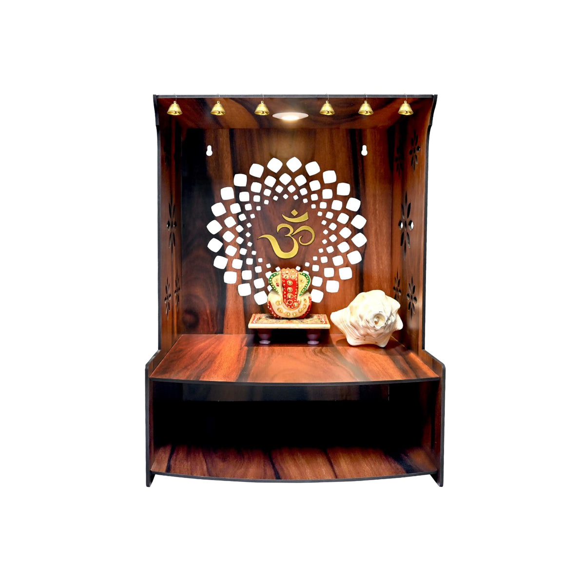 wallkriti Wooden Temple Mandir with LED Lights, Om Design, Decorative Wall Mount Pooja Shrine, Brown