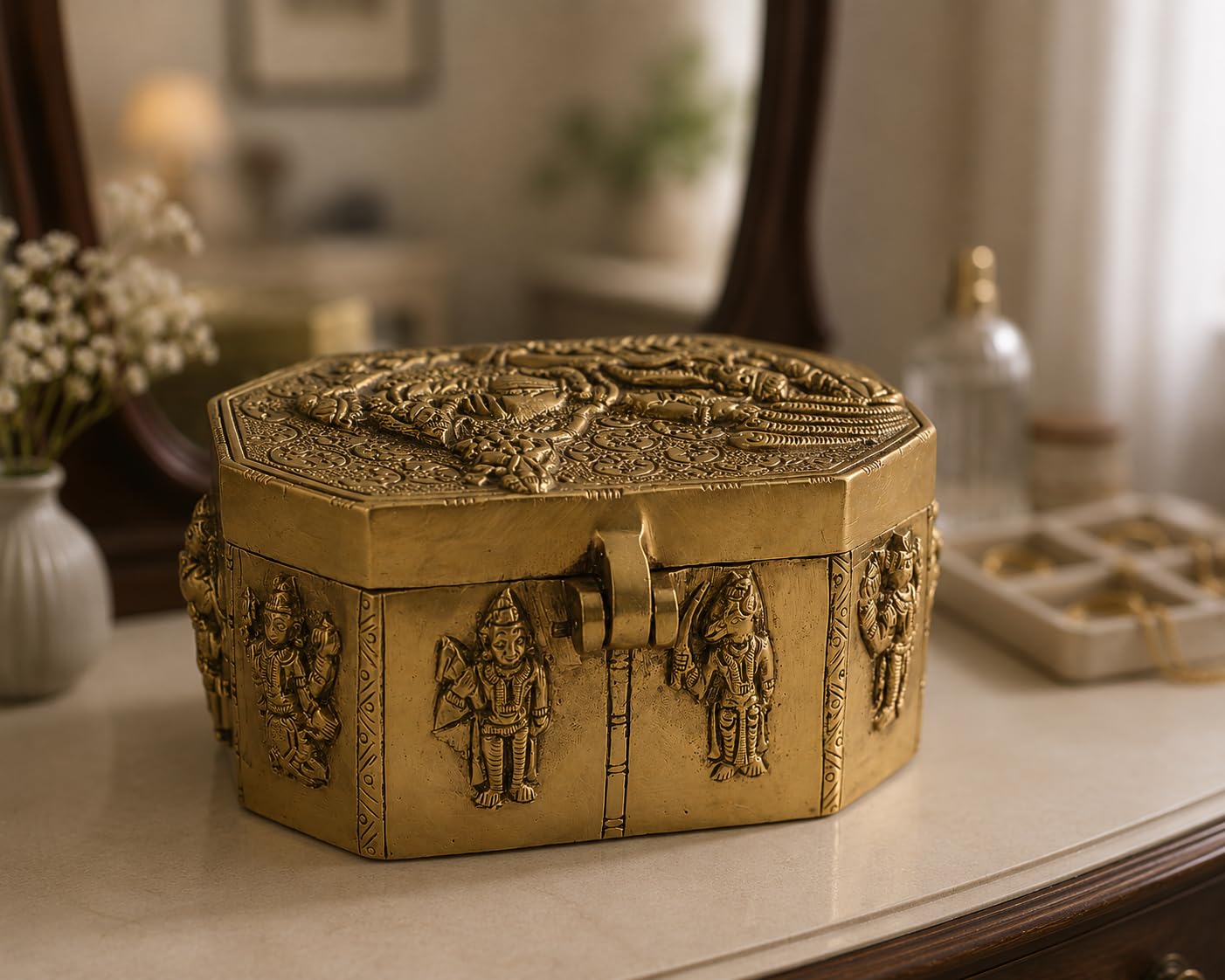 ARTVARKO Brass Jewellery Box Organizer Dashavatar Laxmi Vishnu Ten Incarnations Handicraft Gold Storage Box(LxBxH 15x11x8 cm)