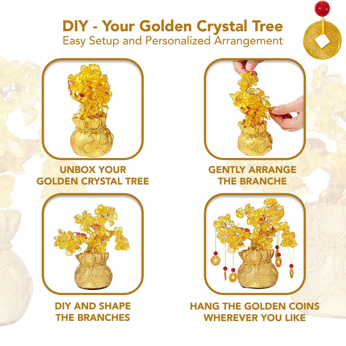 Ekhasa Nostrae Feng Shui DIY Citrine Crystals Golden Tree of Life Showpiece for Fortune Money Good Luck Wealth Prosperity & Success | Fengshui Charms Gemstone Vastu Items Table Piece for Office