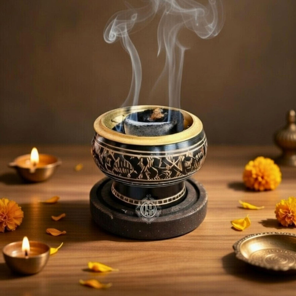 DSH Charcoal Incense Burner, Loban Burner, Brass Dhoop Dhuni Burner, Resin & Home Office Temple Prayer Butler, Round