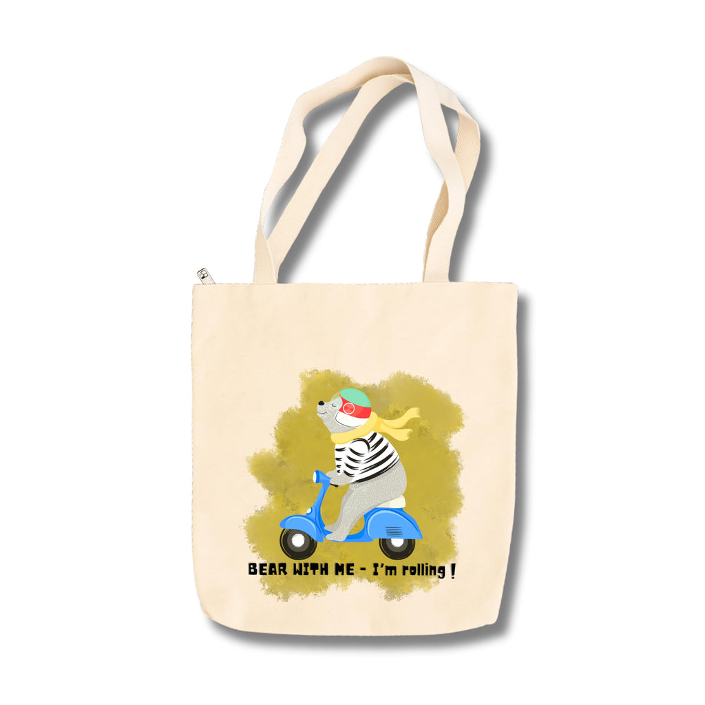 snapiq COTTON 350 GSM Canvas Tote Bag for Women and Girls Thick Fabric with Zipper (Beige, Bearbike2)