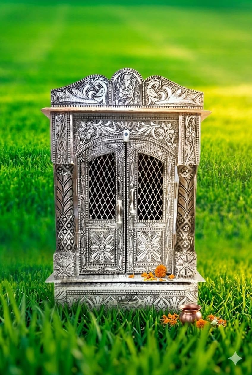 Balveer Enterprises Home Designs Aluminium & Copper Oxidized Home Temple Mandir/Ghar mandir/Pooja mandir (L-10 Inches D-6 Inches)