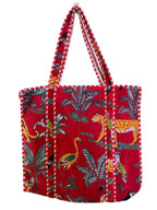 Vaishnav Exports Red Jungle Print Quilted Cotton Tote Bag for Women | Handcrafted Wildlife-Themed Shoulder Bag | Eco-Friendly Reusable Carryall for Travel, Grocery, Beach & Daily Use