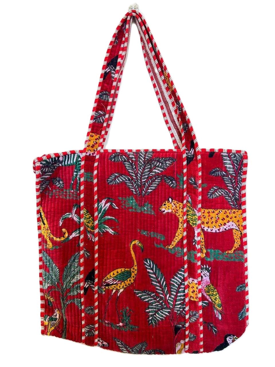 Vaishnav Exports Red Jungle Print Quilted Cotton Tote Bag for Women | Handcrafted Wildlife-Themed Shoulder Bag | Eco-Friendly Reusable Carryall for Travel, Grocery, Beach & Daily Use