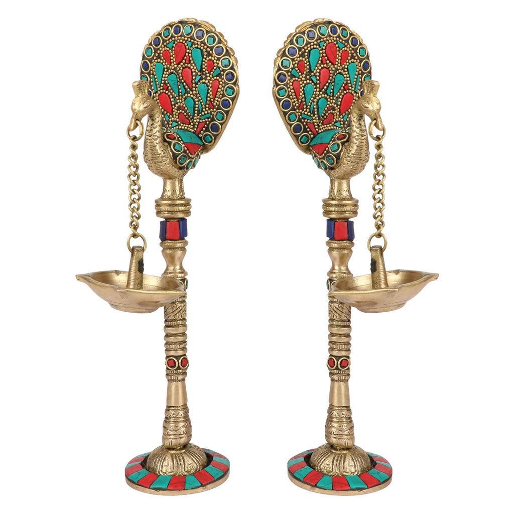 Artvarko Pair of Bird Peacock Hanging Chain Diya Oil Lamp Stand Brass Puja for Home Decor Temple Decorative Gift 9 Inches
