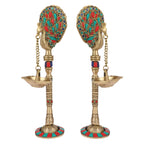 Artvarko Pair of Bird Peacock Hanging Chain Diya Oil Lamp Stand Brass Puja for Home Decor Temple Decorative Gift 9 Inches