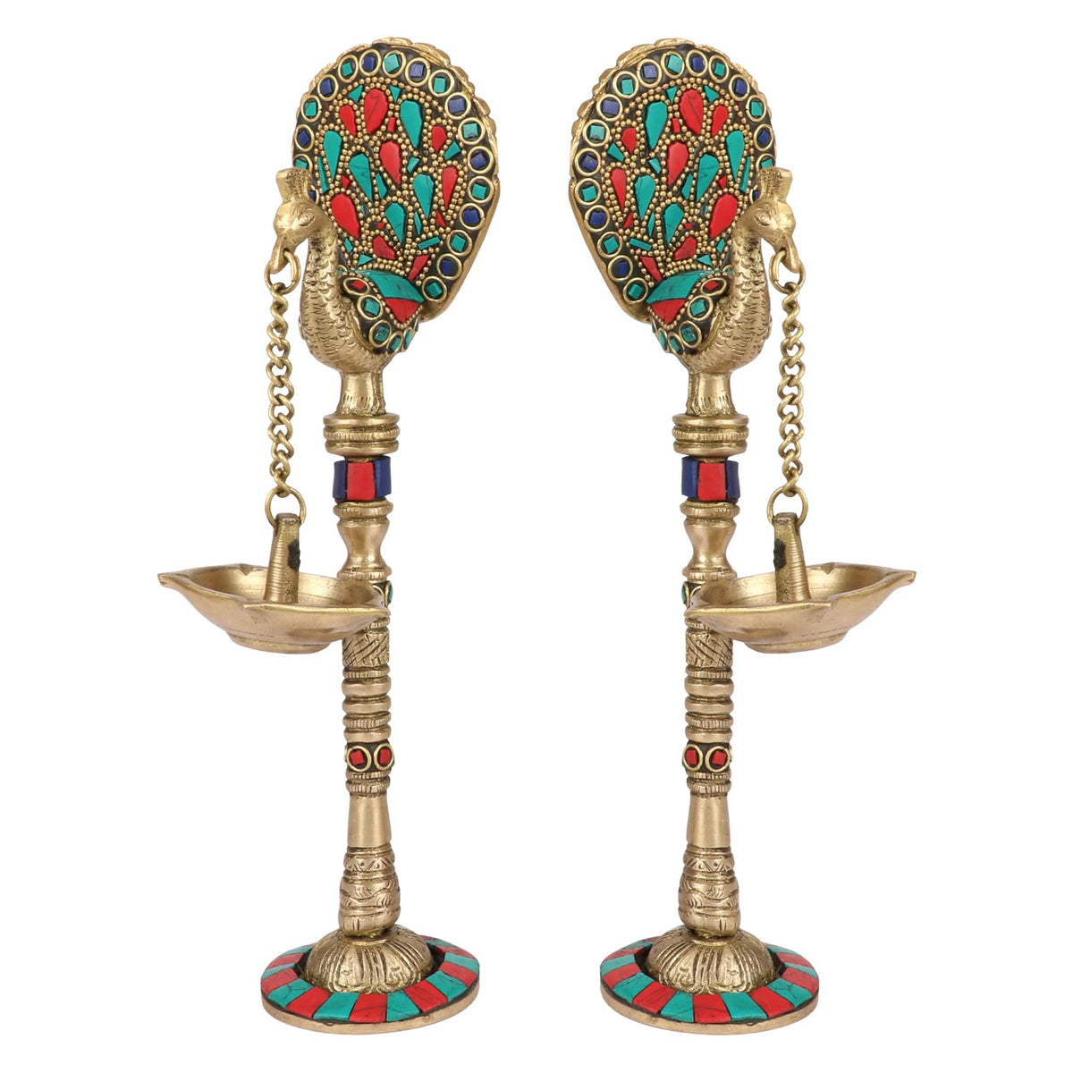 Artvarko Pair of Bird Peacock Hanging Chain Diya Oil Lamp Stand Brass Puja for Home Decor Temple Decorative Gift 9 Inches